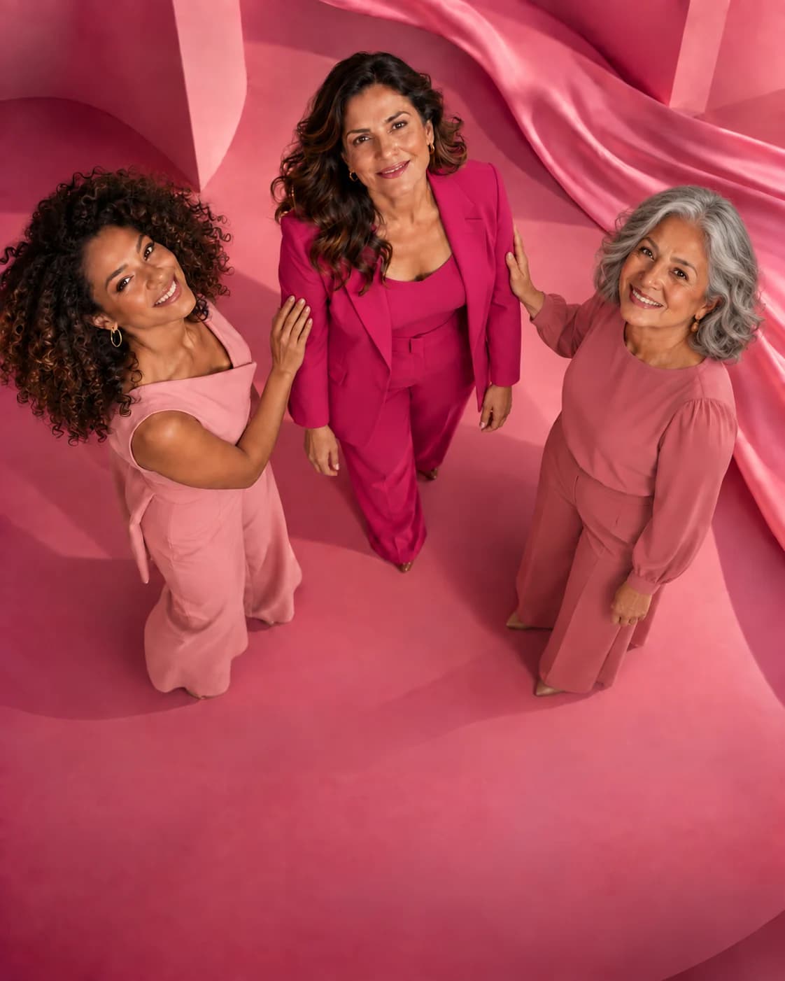Três mulheres de diferentes gerações em um gesto de conexão e acolhimento, em cenário rosa.