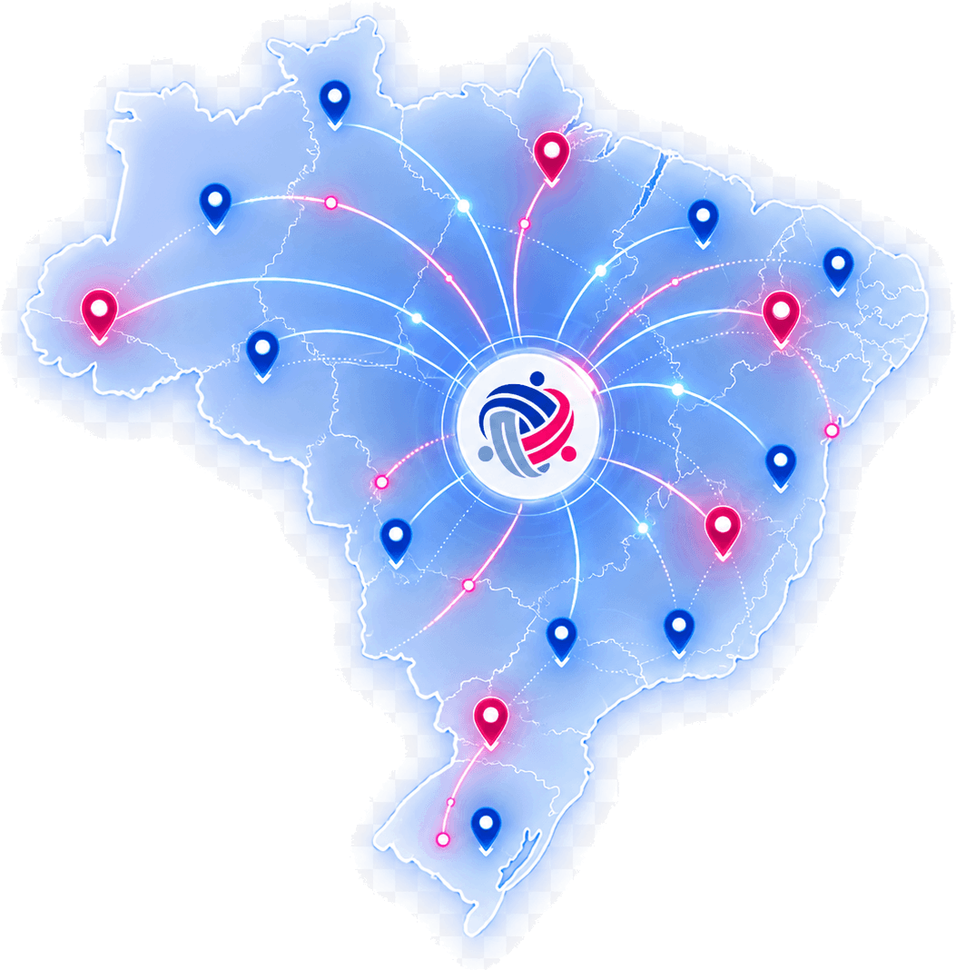 Mapa do Brasil com a marca da Line Service ao centro e alfinetes ligados por linhas em todas as regiões