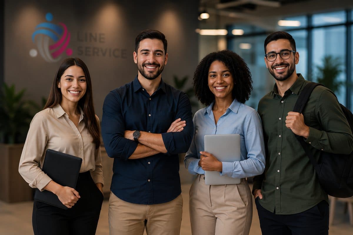 Quatro candidatos sorrindo na recepção da Line Service