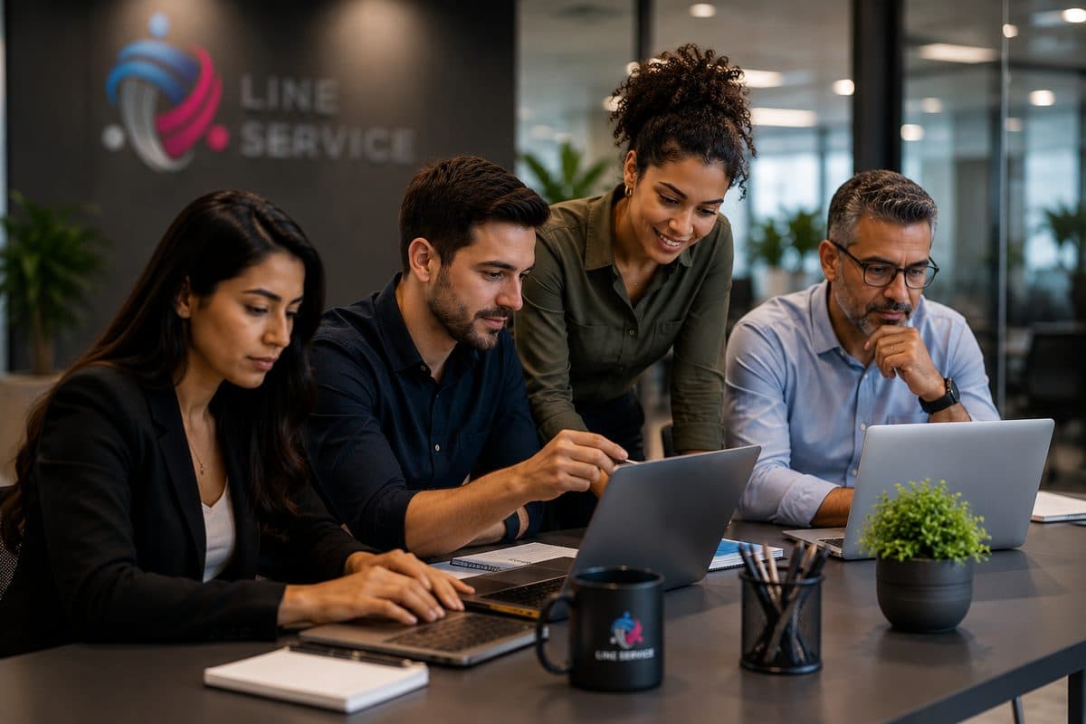 Equipe da Line Service trabalhando junto em uma mesa de escritório