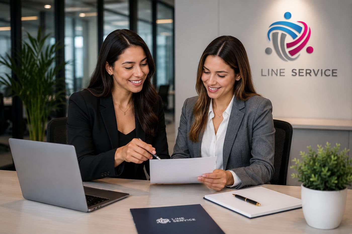 Duas profissionais da Line Service analisando um documento na mesa de reunião